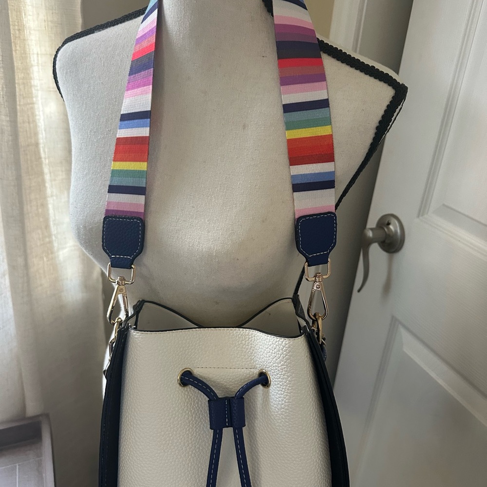 Stylish White and Blue Bucket Bag with Rainbow Strap
